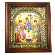 Икона "Троица", темная деревянная рамка, фигурный арочный киот, полиграфия; 17,5*19,5.Арт.ИФК-146