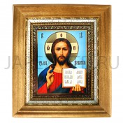 Икона "Спаситель", светлая деревянная рамка, киот, багет, полиграфия; 16*18,5.Арт.ИКБ-001/133