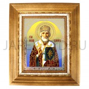 Икона "Николай Чудотворец", светлая деревянная рамка, киот, багет, полиграфия; 16*18,5.Арт.ИКБ-001/101