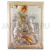 Икона "Георгий Победоносец на коне", риза металл, рамка мдф, напыление серебро&золото; 8,4*11,2.Арт.ИГД-014