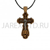 Православный нательный крест на гайтане, мельхиор с серебром, дерево граб; h4,0.Арт.ГН-007