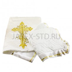 Комплект ритуальный атласный, покрывало с наволочкой, стеганный с вышивкой Крест; 200*70 см..Арт.КР-2086