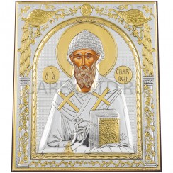 Икона "Спиридон Тримифунтский", античная риза, металл, рамка мдф, напыление серебро&золото; 15*18.Арт.EP514-012XM/P