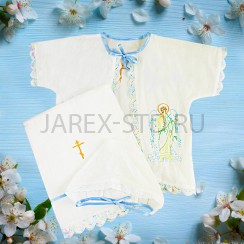 Крестильный набор, рубашка, чепчик, полотенце, голубой,100% хлопок; размер 0-1 год.Арт.Т-К-006/Г