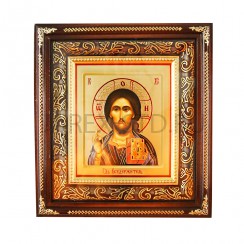Икона "Спаситель", темная деревянная рамка, фигурный  киот, полиграфия; 19,5*21,5.Арт.ИФК-П/133