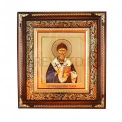 Икона "Спиридон Тримифунтский", темная деревянная рамка, фигурный  киот, полиграфия; 19,5*21,5.Арт.ИФК-П/134