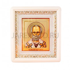 Икона "Николай Чудотворец", белая деревянная рамка, киот, полиграфия; 19,5*21,5.Арт.ИРБ-101