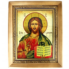 Икона "Спаситель", киот, светлая деревянная рамка, багет, полиграфия под старину; 23,5*30.Арт.ИКБ-С/133