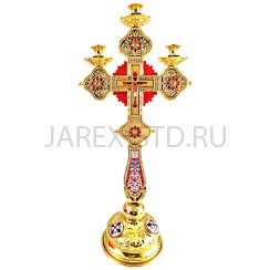 Подсвечник напрестольный "Крест" на 3 свечи, цинковый сплав, эмаль, камни; h42.Арт.ПН-870