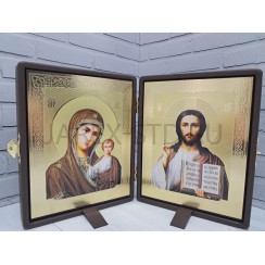Складень "Спаситель - Казанская", коричневая экокожа, полиграфия; 16*20.Арт.СК-К-1620/кор