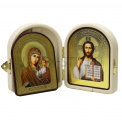 Складень "Спаситель - Казанская", арочный, белая экокожа,; 12*14.Арт.СК-КА-1214/бел