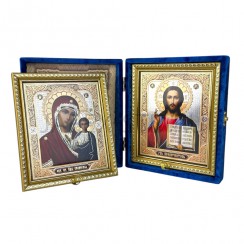Складень "Спаситель - Казанская", синий бархат, рамка багет, полиграфия; 15*18.Арт.СБ-1518/син
