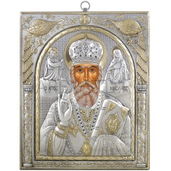 Икона "Николай Чудотворец", античная риза, металл, рамка мдф, напыление серебро&золото; 20,7*24,5.Арт.EP525-009XP