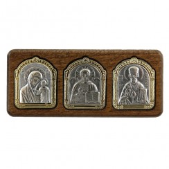 Автомобильный тройник,дерево, мельхиор," Казанская, Спаситель, Николай Чудотворец"; 2,5*5,5.Арт.ОД-015