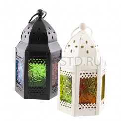 Фонарь-подсвечник, металл, витражное цветное стекло; h12.Арт.ФПС-1313