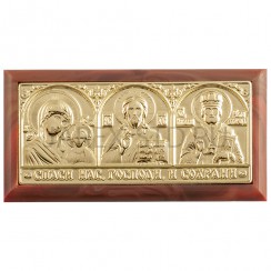 Автомобильный тройник, пластик, жёлтый металл "Спаситель, Казанская, Николай Чудотворец"; 3,4*6,6.Арт.И-АТ11