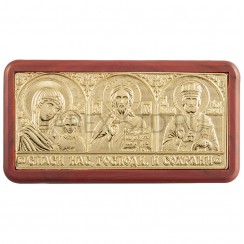 Автомобильный тройник, пластик, жёлтый металл "Спаситель, Казанская, Николай Чудотворец"; 4*7,8.Арт.И-АТ13