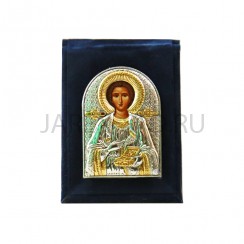 Икона дорожная "Пантелеймон", риза металл, складной бархатный чехол, напыление серебро&золото; 5*8.Арт.EP1-023WAG