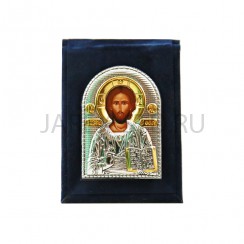 Икона дорожная "Спаситель", риза металл, складной бархатный чехол, напыление серебро&золото; 5*8.Арт.EP1-001WAG