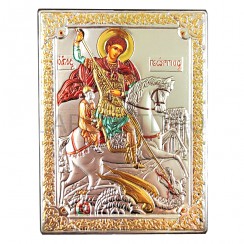 Икона "Георгий Победоносец на коне", риза металл, рамка мдф, напыление серебро&золото&эмаль; 8,4*11,2.Арт.ИГД-014/Э