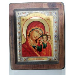 Икона «Казанская», дерево под старину, риза металл, стразы, 14,5×19 см
