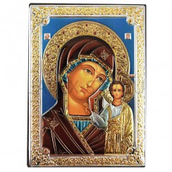 Икона "Казанская", риза металл, рамка мдф, напыление серебро&золото&эмаль; 8,4*11,2.Арт.ИГД-008/Э