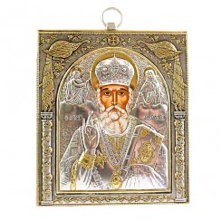 Икона "Николай Чудотворец", античная риза, металл, рамка мдф, напыление серебро&золото; 10*12.Арт.EP523-009XP