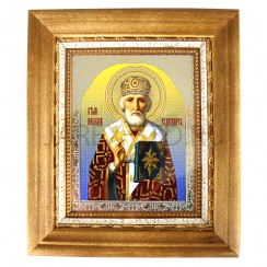 Икона «Николай Чудотворец» киот, светлая деревянная рамка, багет, полиграфия, 16×18,5 см