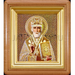 Икона "Николай Чудотворец", киот, светлая деревянная рамка, риза, голография, полиграфия; 17,5*20.Арт.И-ДР2/101