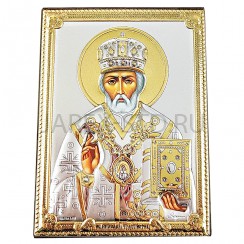 Икона "Николай Чудотворец", риза металл, рамка мдф, напыление серебро&золото; 8,4*11,2.Арт.ИГД-004