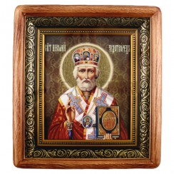 Икона "Николай Чудотворец", темная деревянная рамка, киот, холст; 20,5*23,5.Арт.ИХ-3/101