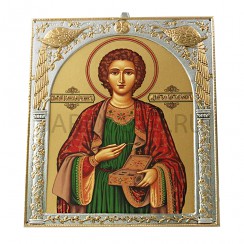 Икона "Пантелеймон", античная риза, металл, рамка мдф, напыление серебро&золото; 20,7*24,5.Арт.EP5205-023XP