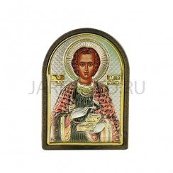 Икона "Пантелеймон", арочная, риза металлическая., рамка пластик., напыление серебро&золото&цв.эмаль; 4*6.Арт.И-ГР-1120-2OXC