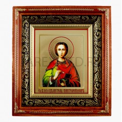 Икона "Пантелеймон", темная деревянная рамка, фигурный  киот, полиграфия; 19,5*21,5.Арт.ИФК-П/105