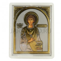 Икона "Пантелеймон", дорожная с подставкой, пластиковая рамка, конгрев; 5*6.Арт.ИП-ПС/105