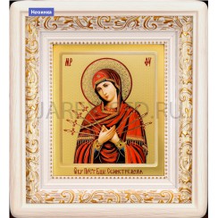 Икона "Семистрельная", белая деревянная рамка, киот, полиграфия; 19,5*21,5.Арт.ИРБ-125