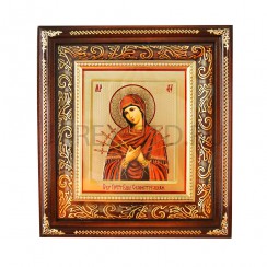 Икона "Семистрельная", темная деревянная рамка, фигурный  киот, полиграфия; 19,5*21,5.Арт.ИФК-П/125