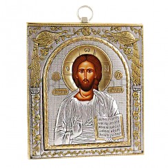 Икона "Спаситель", античная риза, металл, рамка мдф, напыление серебро&золото; 10*12.Арт.EP523-001XP