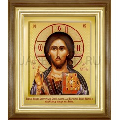 Икона "Спаситель", киот, светлая деревянная рамка, риза, полиграфия; 26*30.Арт.И-ДР1/133