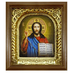 Икона "Спаситель", темная деревянная рамка, фигурный арочный киот, полиграфия; 17,5*19,5.Арт.ИФК-133