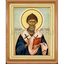 Икона "Спиридон Тримифунтский", светлая деревянная рамка, киот, холст; 19,5х22,5.Арт.ИХ-1/134