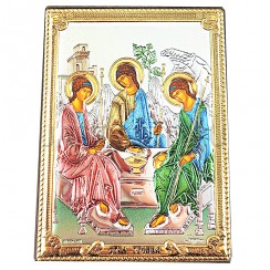 Икона "Святая Троица", риза металл, рамка мдф, напыление серебро&золото&эмаль; 13,3*18,2.Арт.ИГД-Б/007Э