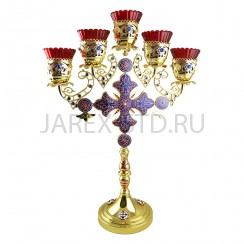 Семисвечник напрестольный "Крест", цинковый сплав, зкамни, эмаль; h59,5.Арт.ЛН-В118