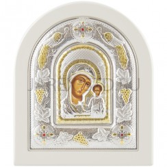 Икона "Казанская", арочная, PVD, риза металл, рамка светлый мдф, напыление серебро&золото; 12*14.Арт.И-ГР-3106WH-DX