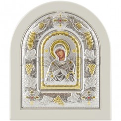 Икона "Семистрельная", арочная, PVD, риза металл, рамка светлый мдф, напыление серебро&золото; 12*14.Арт.И-ГР-3114WH-DX