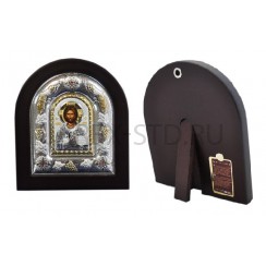 Икона "Спаситель", арочная, PVD, риза металл, рамка тёмный мдф, напыление серебро&золото; 12*14.Арт.И-ГР-3107DX