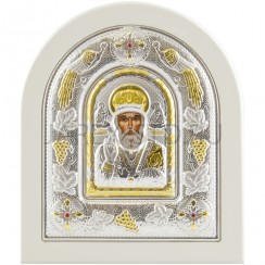 Икона "Николай Чудотворец", арочная, PVD, риза металл, рамка светлый мдф, напыление серебро&золото; 12*14.Арт.И-ГР-3108WH-DX