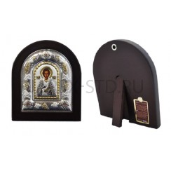 Икона "Пантелеймон", арочная, PDV, риза металл, рамка тёмный мдф, напыление серебро&золото; 12*14.Арт.И-ГР-3120DX