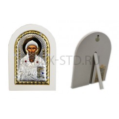 Икона "Спиридон Тримифунтский", арочная, риза металл, рамка светлый мдф, напыление серебро&золото; 10*14.Арт.И-ГР-1111WH-DX