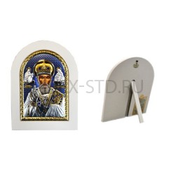 Икона "Николай Чудотворец", арочная, риза металл, рамка светлый мдф; напыление серебро&золото&цветная эмаль; 15*21.Арт.И-ГР-1108WH-BXB